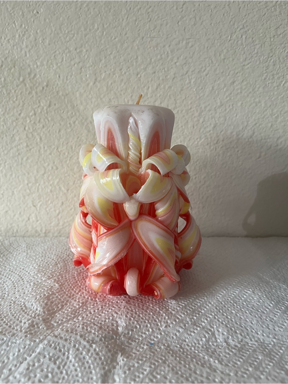 Hand-Carved Decorative Pink and Cream Swirl Candle